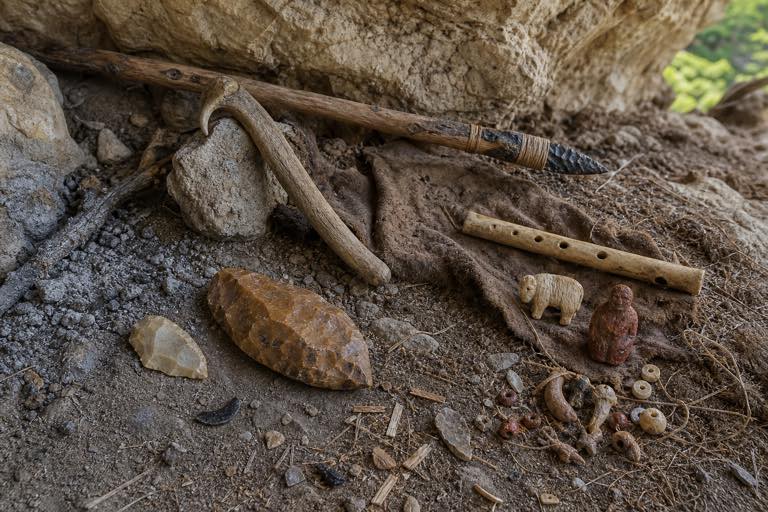 Prehistoric tools resting inside a daylight rock shelter
